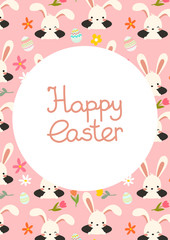 Vector Easter Rabbit in borrow, hollow and spring flowers, tulips nd decorative eggs. Pink Postcard with lettering