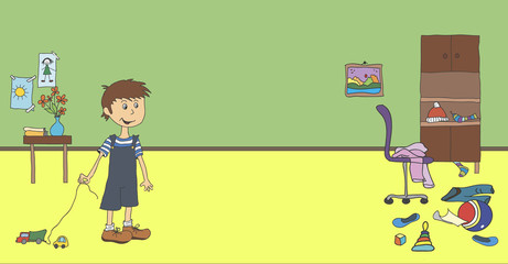 Children's room, game. Scattered clothes, toys, clutter, cleaning. A little boy in his room removes, plays, brings order.Riddle, puzzle for a children's magazine or book.Help the boy clean up the room