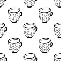 Black and white illustration of tea cups or coffee mugs. Seamless pattern for coloring book, page.