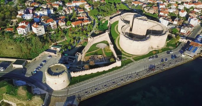 Kilitbahir Castle and Canakkale redoubts next to bosporus, aerial view, drone shot