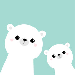 Two white bear face head icon set. Cute kawaii animal. Cartoon funny baby character. Kids print for poster, t-shirt. Love. Scandinavian style. Flat design. Blue background. Isolated.
