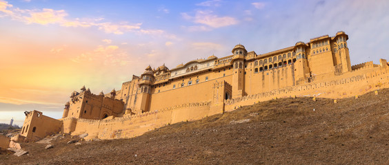 Panoramic view of the historic Amer Fort at sunrise. Amber Fort is a UNESCO World Heritage site at Jaipur, Rajasthan, India