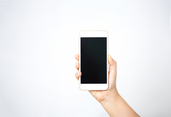 hand holding smart phone isolated on white