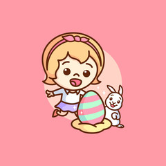 HAPPY EASTER DAY A GIRL AND A RABBIT FOUND A COLORING EGG ILLUSTRATION.