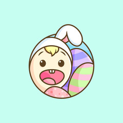 HAPPY EASTER DAY CUTE BOY WEARING RABBIT COSTUME AND PASCHAL EGG AROUND.