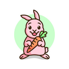 CUTE PINK RABBIT SMILING AND BRING A CARROT.
