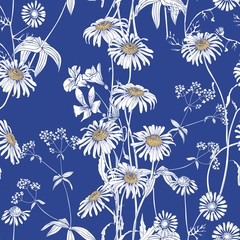 Monochrome seamless floral pattern with daisies. Blue and white flowers in the vector.