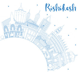 Outline Rishikesh India City Skyline with Blue Buildings and Copy Space.