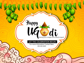 Happy Ugadi festival / gudi padwa , Vector Illustration based on Ugadi Font on colorful decorative festival frame best for banner, wallpaper , header and promotions - Vector