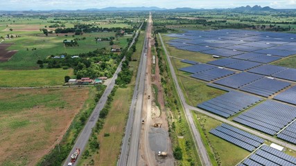 Solar energy farm. Aerial view of a solar farm in Asia.