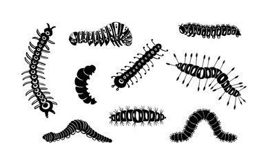 Set spring and summer caterpillar icons. Black caterpillars with different silhouette on white background. For festive card, logo, children, pattern, tattoo, decorative, concept. Vector illustration
