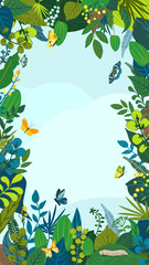 Beautiful floral background, frame. Green leaves, colorful flowers, caterpillar and butterflies. Spring and summer card for social network backdrop, invitation, wedding, birthday. Vector illustration.