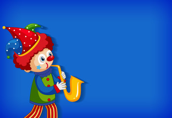 Background template design with funny clown playing saxophone