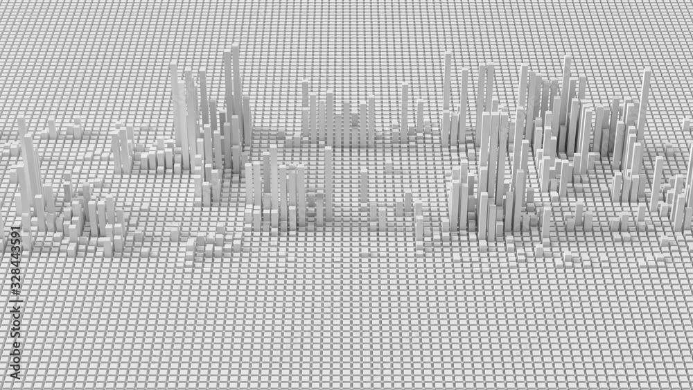 Poster 3d render of grid of blocks with pushing up details. complex digital and analysing concept. technolo