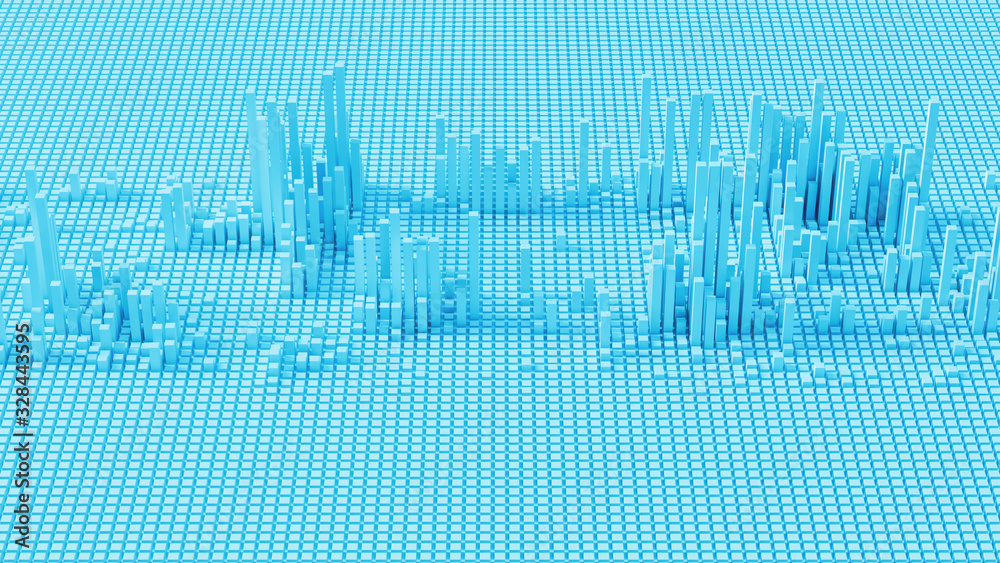 Poster 3d render of grid of blocks with pushing up details. complex digital and analysing concept. technolo