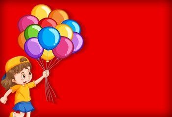 Fototapeta na wymiar Plain background with happy girl and many balloons