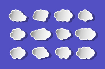 Abstract white cloudy set isolated on purple background. Clouds in the sky.Purple background. White clouds on purple background.Flat. Vector illustration. Design elements
