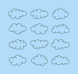 Obraz premium Clouds. Abstract cloudy set isolated on blue background.Cloud silhouettes. Creative modern concept - stock vector. Flat