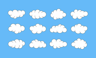 Clouds. Abstract white cloudy set isolated on blue background. Creative modern concept - stock vector. Flat