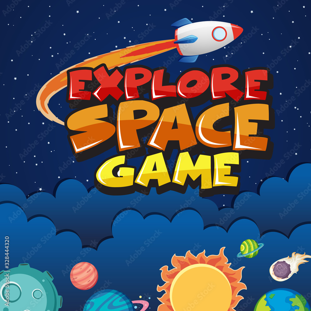 Wall mural poster design with spaceship and many planets in space background