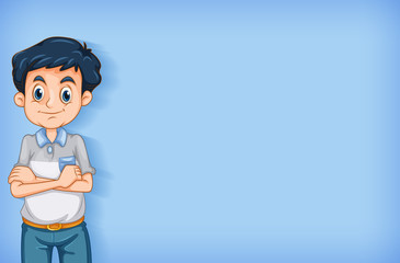 Background template design with happy man on blue wall