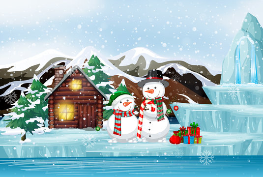 Scene with snowman and cottage on christmas day