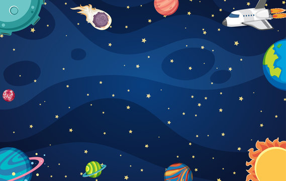 Background template design with spaceship and many planets in space