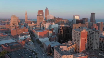 Aerial flying over Cleveland city at sunrise, Ohio, USA. 17 September 2019