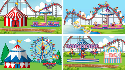 Four scenes with many rides in the fun fair