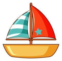 Toy boat with red and green flag on white background