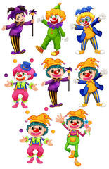 Set of funny clowns in different costumes