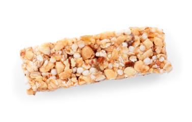 Sweet cereal bar isolated on white, top view