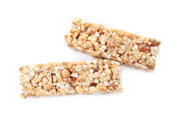 Fototapeta na wymiar Sweet cereal bars isolated on white, top view