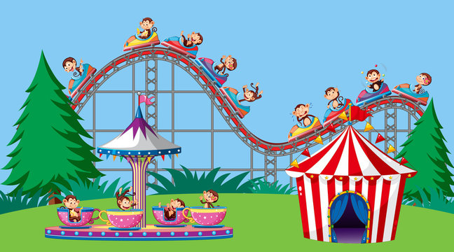 Scene with cute monkeys riding on roller coaster and spinning cup