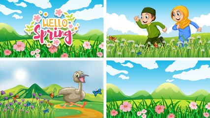 Four background scenes with children and animals in the park