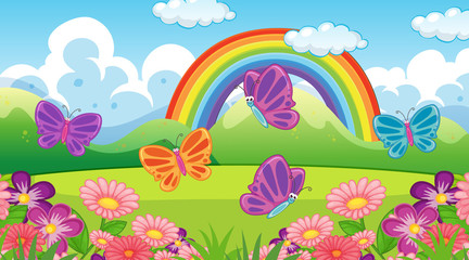 Fototapeta na wymiar Nature scene background with butterflies and rainbow in the garden