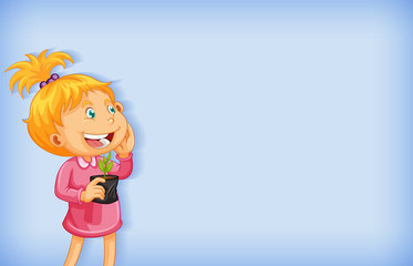 Background template design with happy girl and potted plant