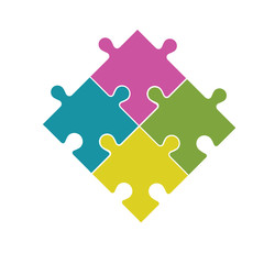 Obraz premium Four multi-colored puzzle pieces assembled in a rhombus. On white background.