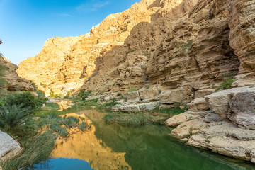 Fototapeta na wymiar Wadi Shab river canyon with rocky cliffs and green water springs - Sultanate of Oman