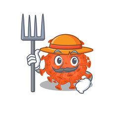 Electron microscopy coronavirus in Farmer cartoon character with hat and pitchfork