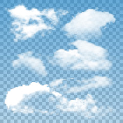 Fluffy Clouds Atmosphere Collection Set Vector. Different Air Clouds Natural Ornament. Good Cloudy Day Weather And Environment. Atmospheric Cumulus And Cirrus Concept Layout 3d Illustrations