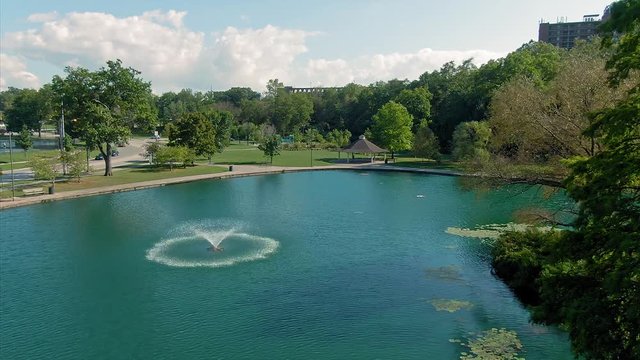 Aerial: Rockefeller Lagoon in Rockefeller Park. Cleveland, Ohio, USA