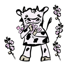 Set of vector illustrations in cartoon style. A cute spotted cow is holding pink flowers. On white background. Hand drawn.