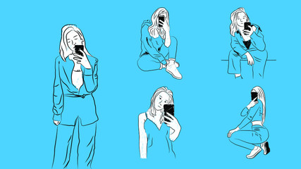 various girls taking mirror selfie for social media in different poses and positions simple hand drawn design style minimal vector illustration