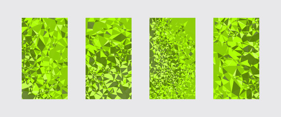 Facet low poly vivid green colors cover page layouts graphic design set. Crystal texture patterns