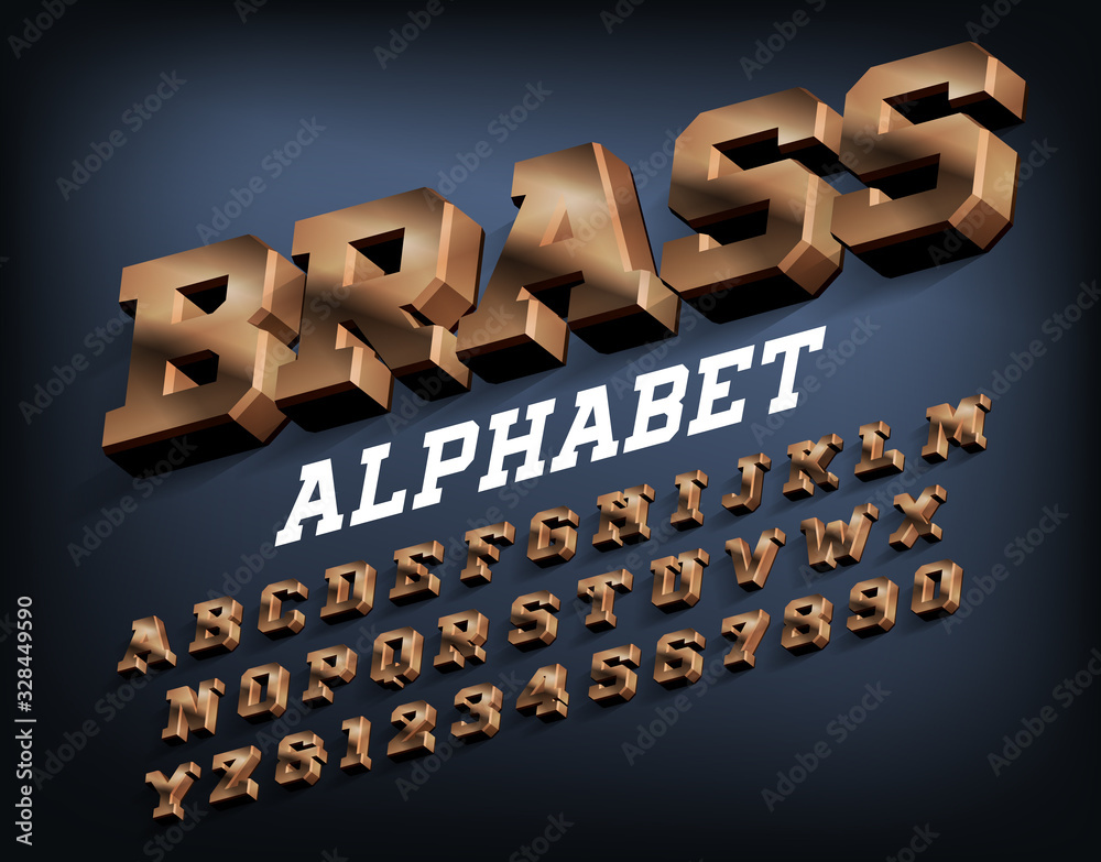 Fototapete brass alphabet font. 3d metallic letters and numbers with shadow. stock vector typeset for your typo