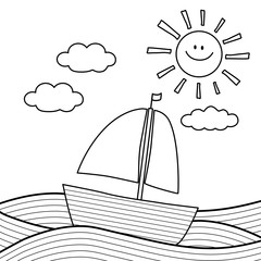 coloring page for kid,boat in open sea with cloud and sun vector