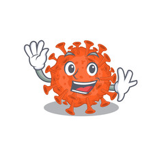 Smiley electron microscope coronavirus cartoon mascot design with waving hand