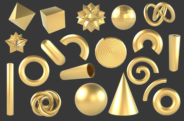 Set of 3d Golden Geometric Shapes Objects. Realistic geometry elements isolated on dark gray background