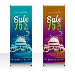 Modern banner sale 75% off with mosque illustrations for the month of Ramadan, Eid Al-Fitr and Eid al-Adha